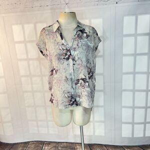 Rebecca Taylor silk short sleeve button down semi sheer floral blouse